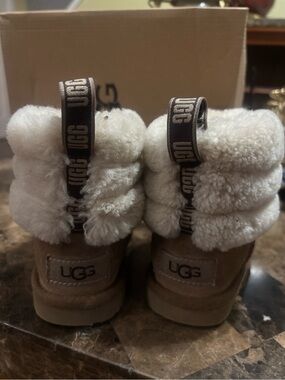 UGG Kids Chestnut Suede Booties with Cream Shearling Cuffs